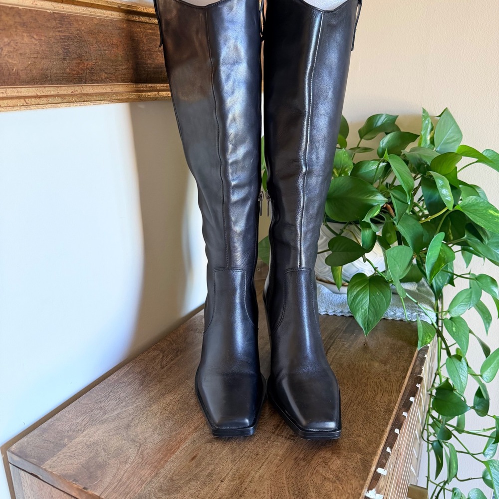 Vince Camuto Afelia Knee High Boots Women 8.5 Black Leather Western Square Toe - Picture 4 of 16